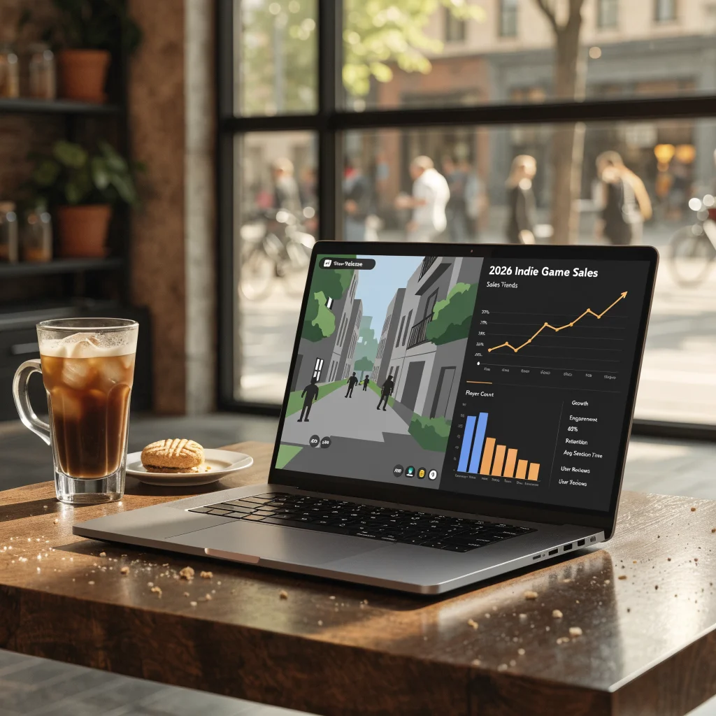 A realistic photo of a gaming laptop displaying a new indie multiplayer low-spec game on Steam with charts analyzing 2026 indie game sales and industry trends.