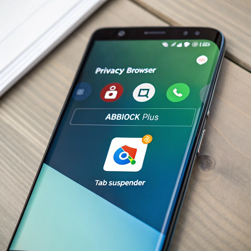 A close-up photo of a smartphone screen displaying various Android browser apps focused on privacy, extensions, ad-blocking, and tab suspension features.