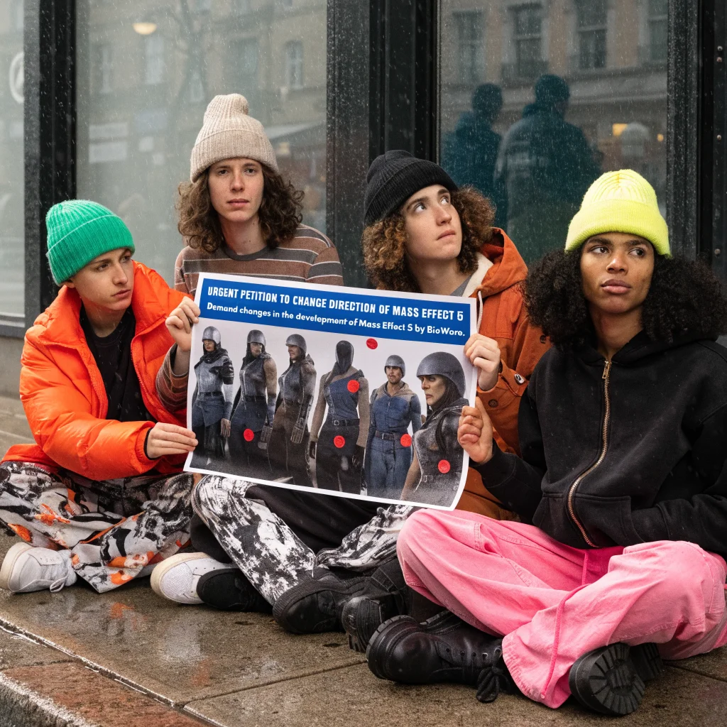 A realistic photo of Mass Effect fans holding a petition for changes in the development of Mass Effect 5 by BioWare, featuring images of Commander Shepard.