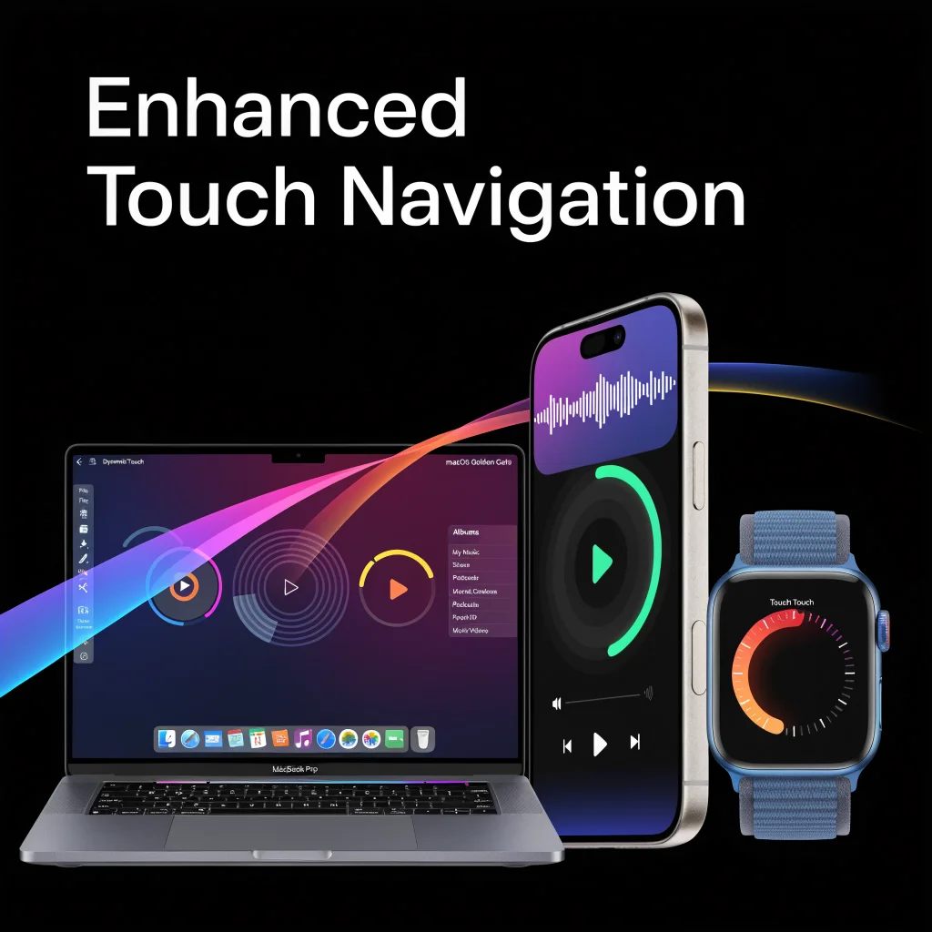 A MacBook Pro with a dynamic touch interface running macOS Golden Gate, showcasing enhanced touch navigation, alongside iPhone 17 and Apple Watch Series 12.