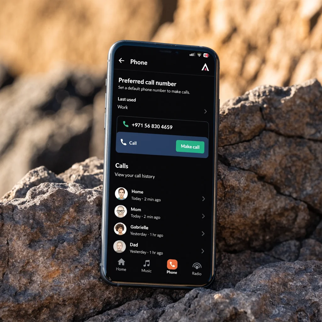 A smartphone screen showing the updated Android Auto Phone app interface with a preferred call number feature and Material 3 design elements.
