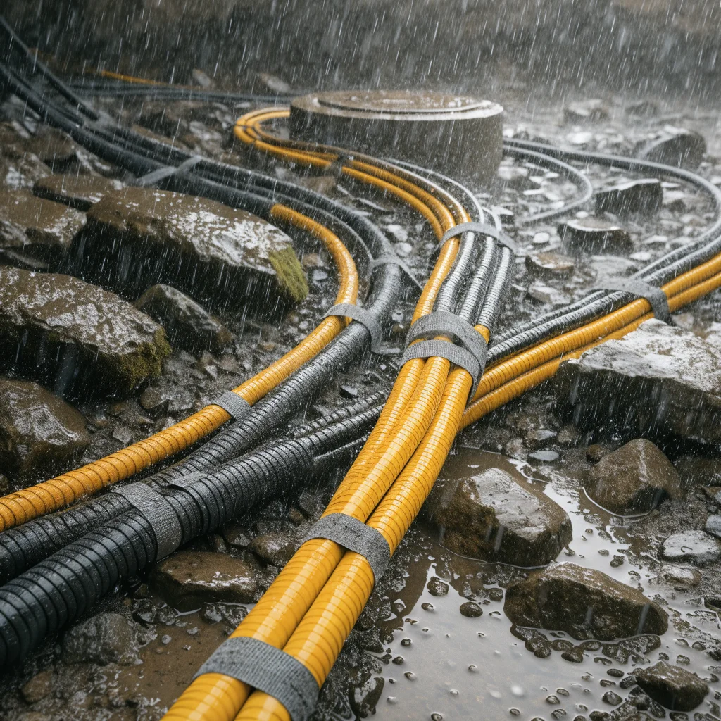 A realistic photo of weather-resistant outdoor Ethernet and fiber optic cables with polyethylene jackets installed underground in harsh environmental conditions.