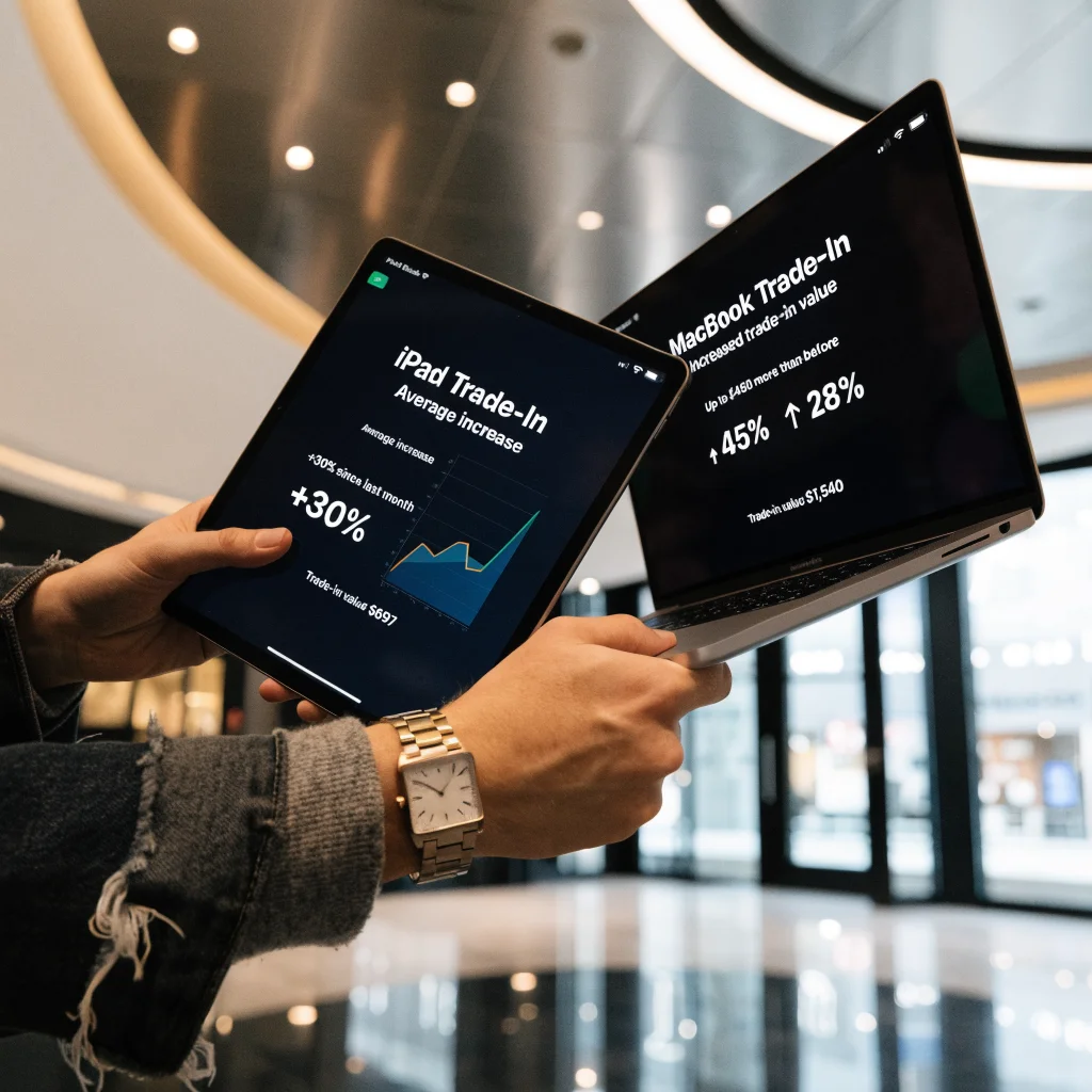 A close-up of hands holding an iPad and MacBook Pro OLED with pricing charts showing increased trade-in values in a modern tech store.