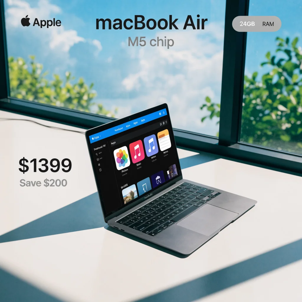 A sleek 15-inch MacBook Air with M5 chip and 24GB RAM displayed on a clean surface with price tags and Apple branding subtly visible.