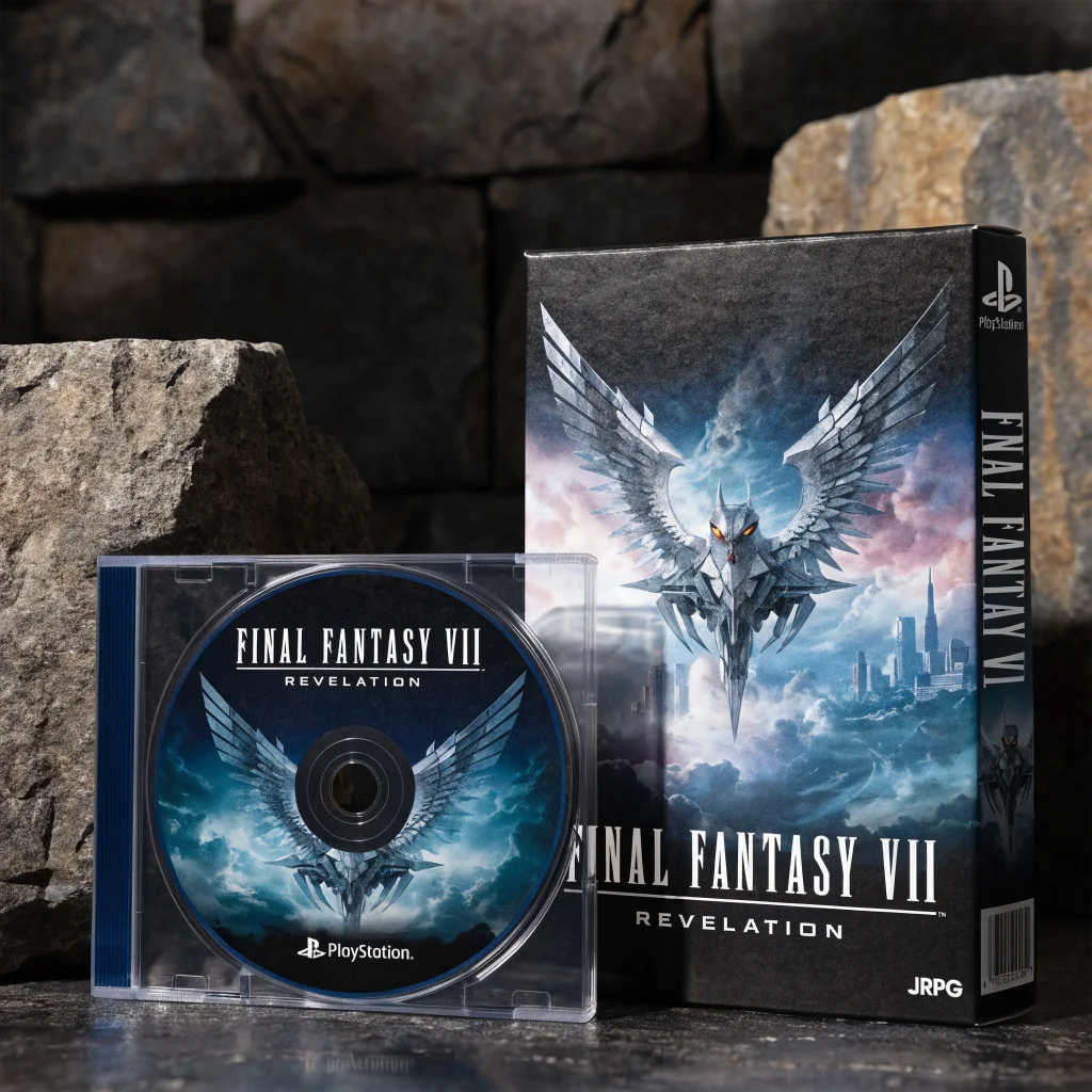 A realistic photo of the physical edition of Final Fantasy 7 Revelation for PlayStation showcasing the game disc and detailed cover art with JRPG branding.