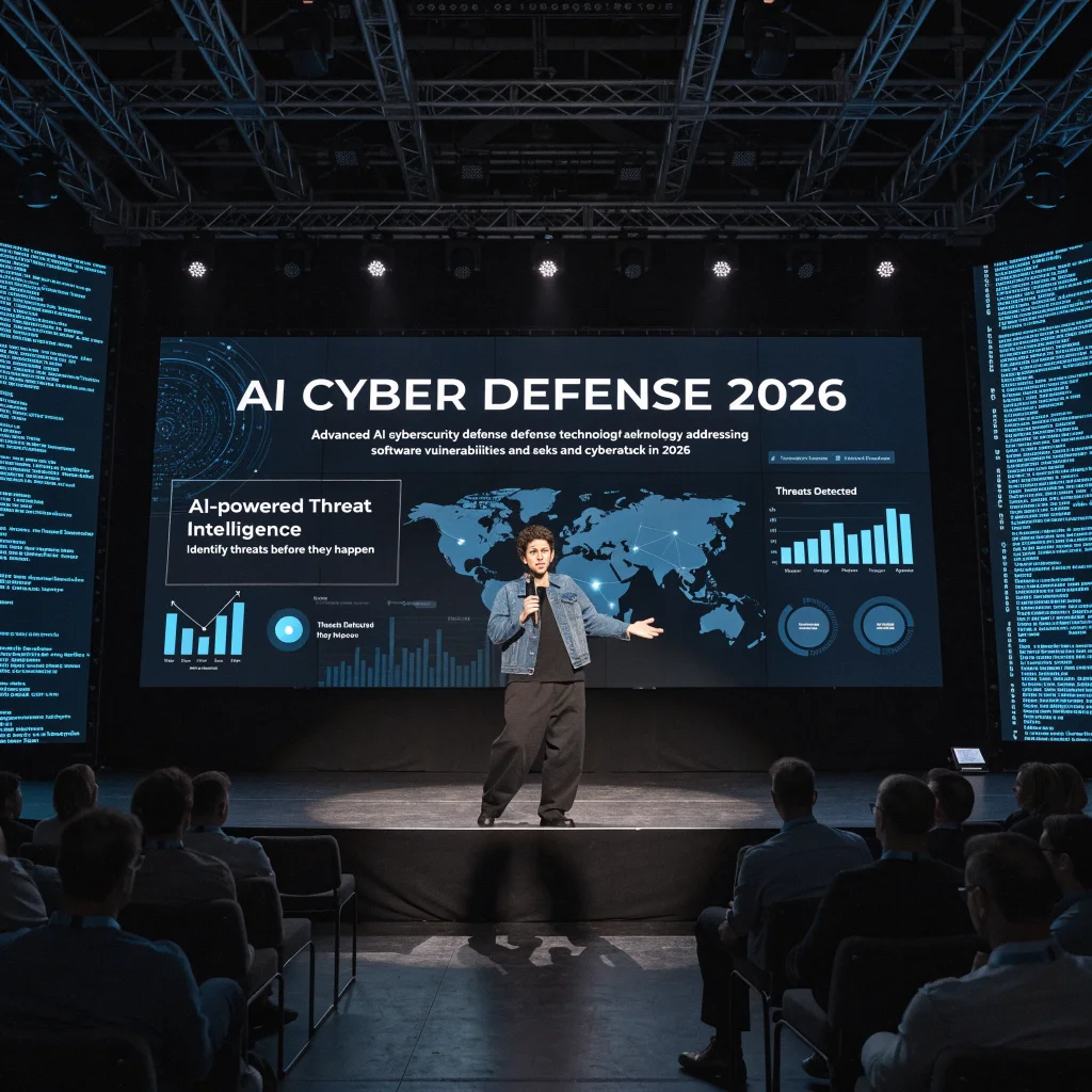 Sam Altman presenting advanced AI cybersecurity defense technology addressing software vulnerabilities and cyberattacks in 2026 at a high-tech conference.