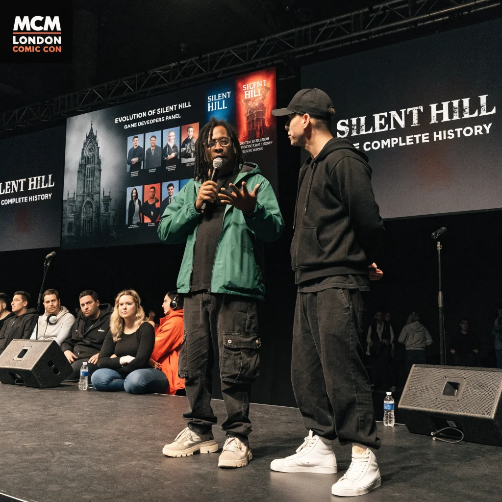 Photorealistic image of a fan panel at MCM London Comic Con showcasing the evolution of Silent Hill games with developers and key artwork displayed.