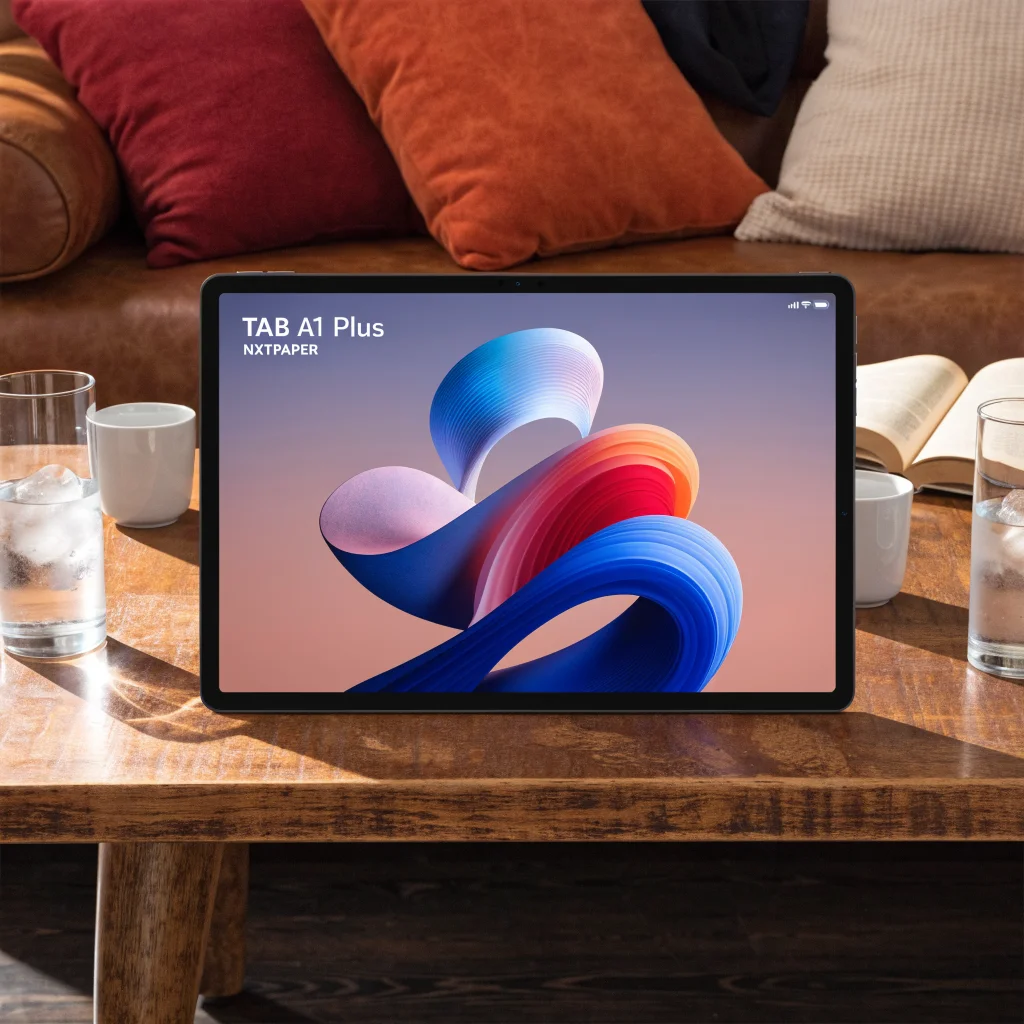 A realistic photo of the TCL TAB A1 Plus NXTPAPER Android tablet showing its 12.2-inch matte 2.4K screen with a 3:2 aspect ratio and 120Hz refresh rate.