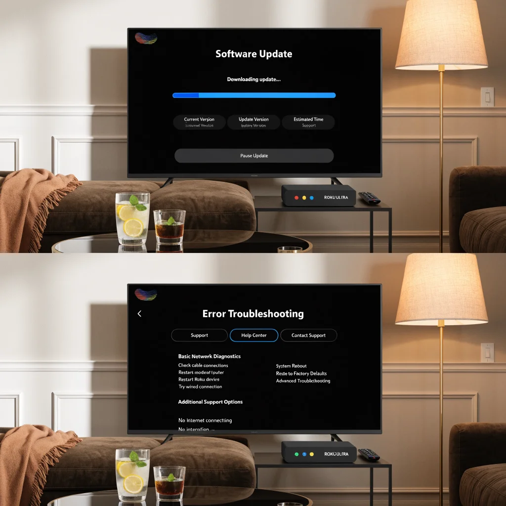 A Roku Ultra 2024 streaming device displaying software update and error troubleshooting menus on a modern living room TV.