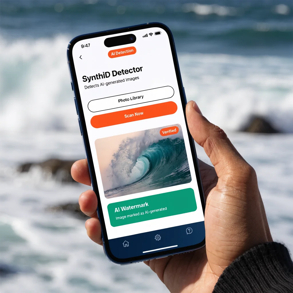 A close-up photo of an Apple iPhone 18 Pro displaying the SynthID Detector app identifying AI-generated images with a visible AI watermark on the screen.