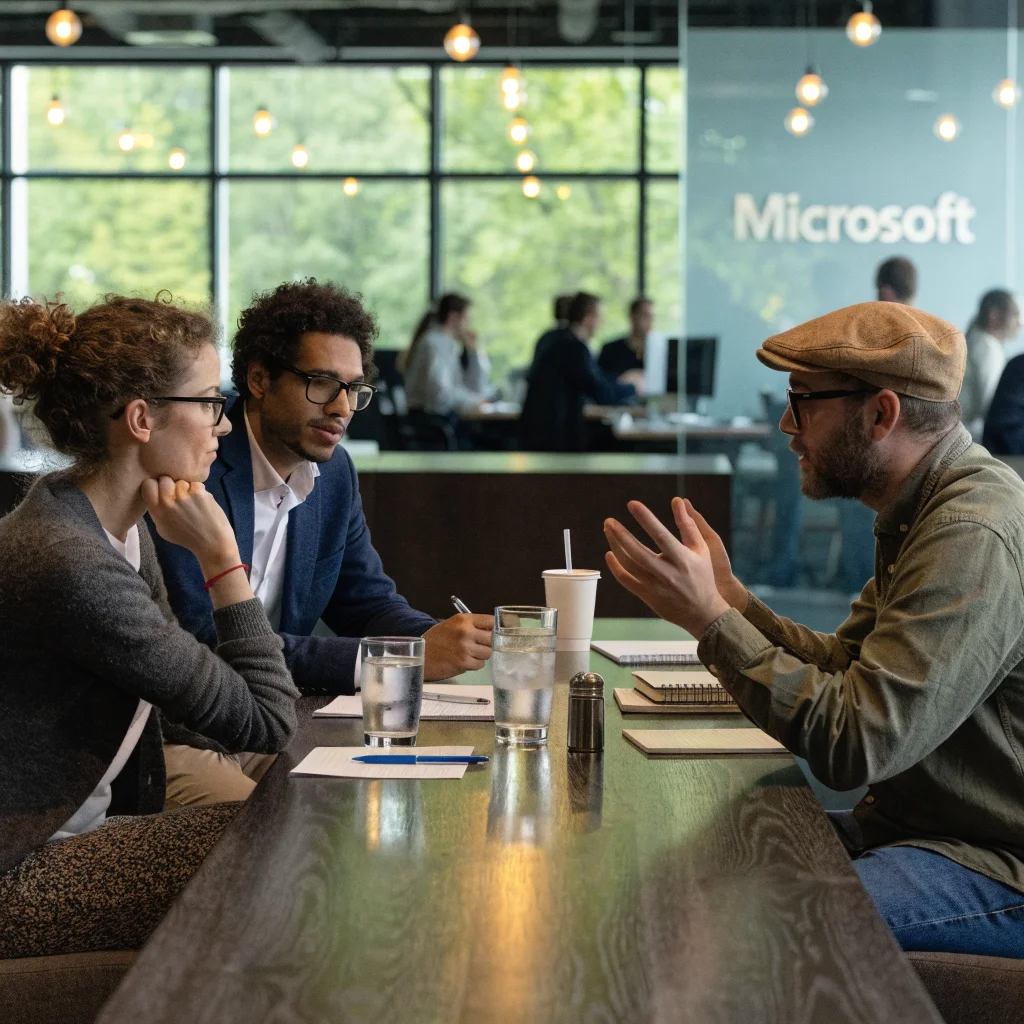 A realistic photo of Microsoft employees discussing voluntary exit programs amid company restructuring and workforce reductions led by CEO Satya Nadella in the tech industry.