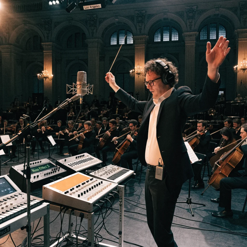 A realistic photo of Austin Wintory conducting the Los Angeles orchestra while blending synthesizer equipment to compose the Mass Effect 5 sci-fi game soundtrack.