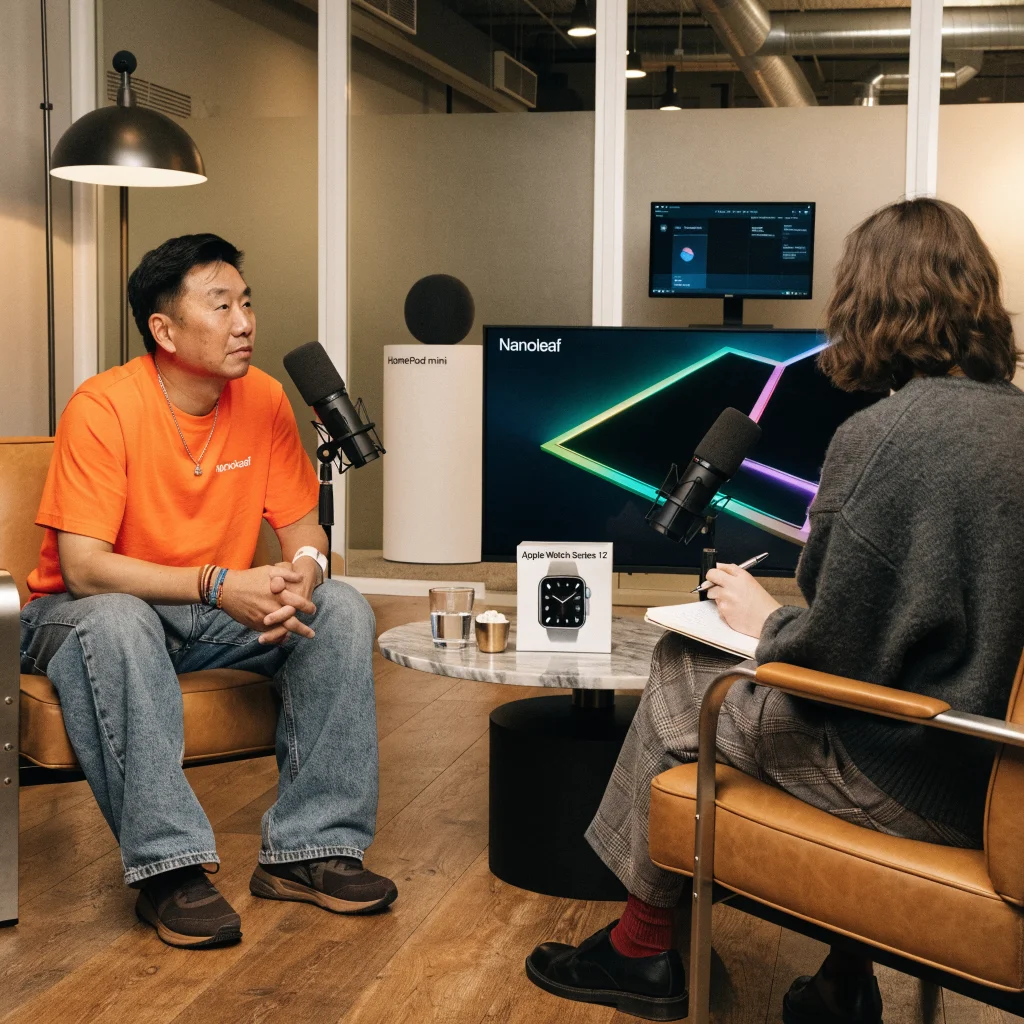 Nanoleaf CEO Gimmy Chu discussing AI control and latest Apple smart home products like Apple Watch Series 12 and HomePod mini in a podcast studio.