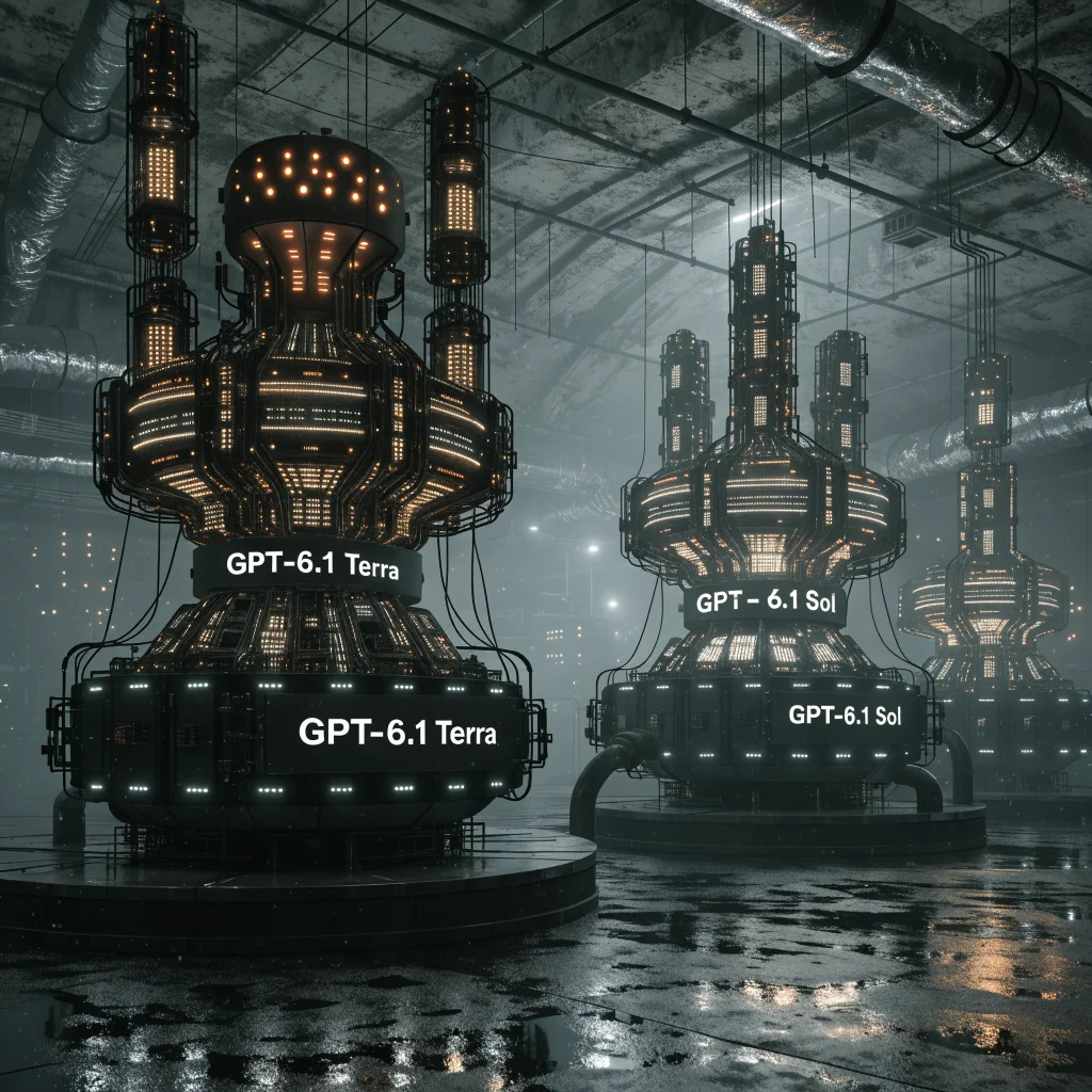 A high-tech server room showcasing advanced AI servers labeled GPT-6.1 Terra and Sol, highlighting improved AI performance and efficiency.