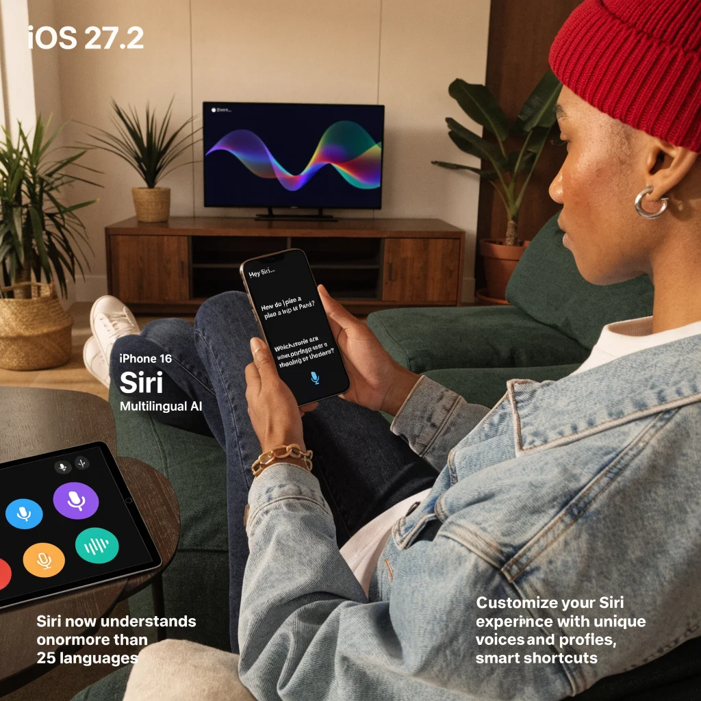 A user holding an iPhone 16 demonstrating the updated Siri voice assistant with new multilingual AI features on iOS 27.2, alongside an iPad and Apple TV.