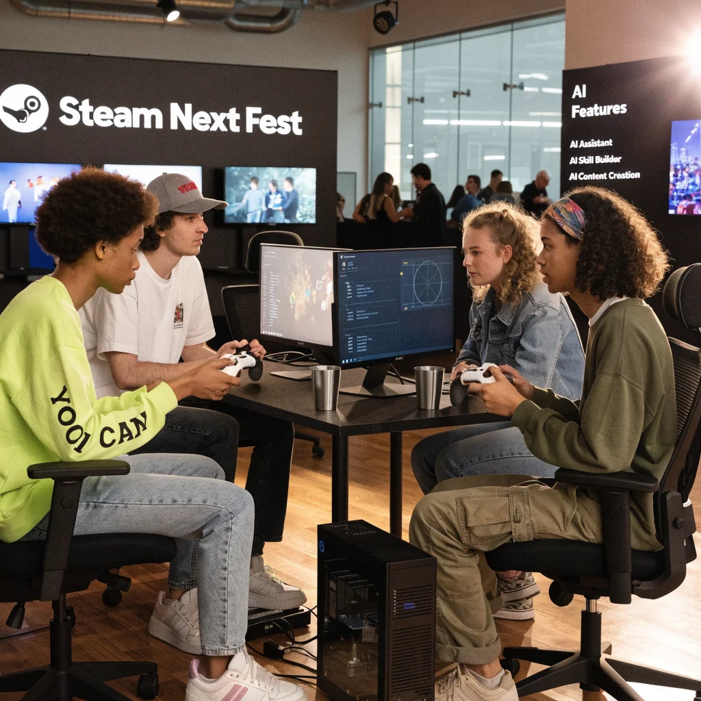 A diverse group of gamers enjoying co-op and incremental games at Steam Next Fest with AI technology features showcased in a vibrant gaming expo setting.