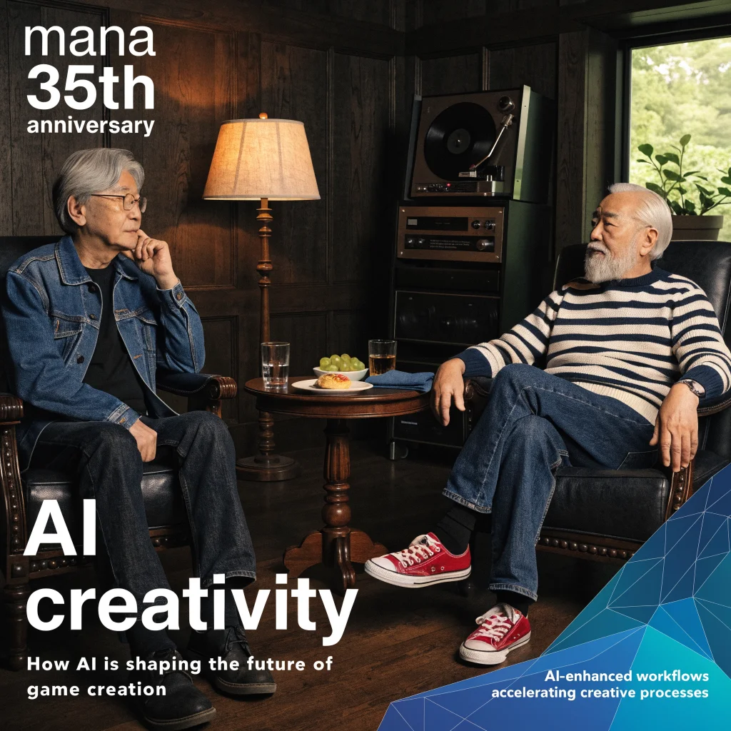 Portrait of JRPG veterans discussing AI's impact on creativity and game development efficiency during Mana 35th anniversary event.