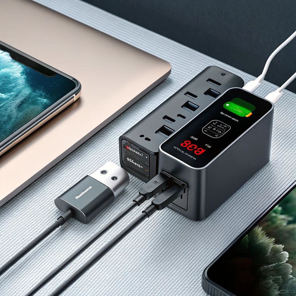 A close-up photo of the Baseus PicoGo Pro 100W smart travel charger with triple USB-C ports and a digital screen, charging multiple devices simultaneously.