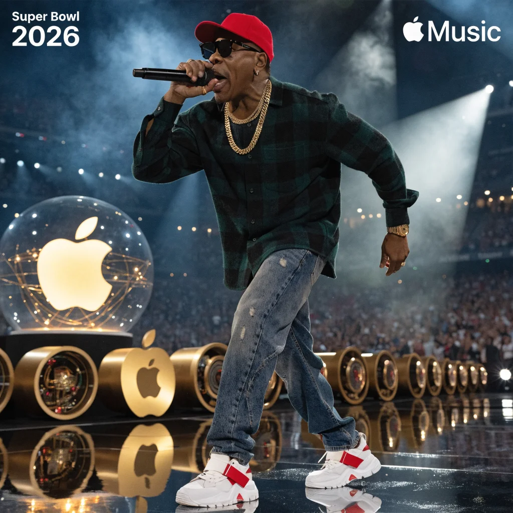 A dynamic photo of JAY-Z performing at the Super Bowl 2026 halftime show sponsored by Apple Music, with futuristic Apple products displayed.