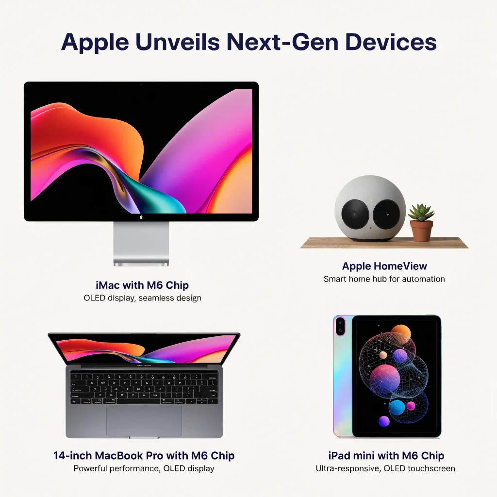 A sleek Apple product showcase featuring the new M6 chip iMac, 14-inch MacBook Pro, iPad mini with OLED touchscreens, and Apple HomeView smart home hub.