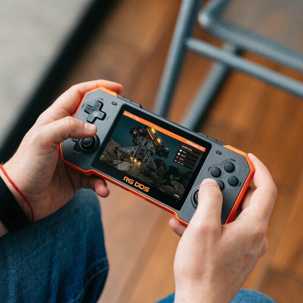 A close-up photo of an Anbernic RG DDS handheld gaming device showing the Azahar Plus emulator interface with a Nintendo 3DS game running.