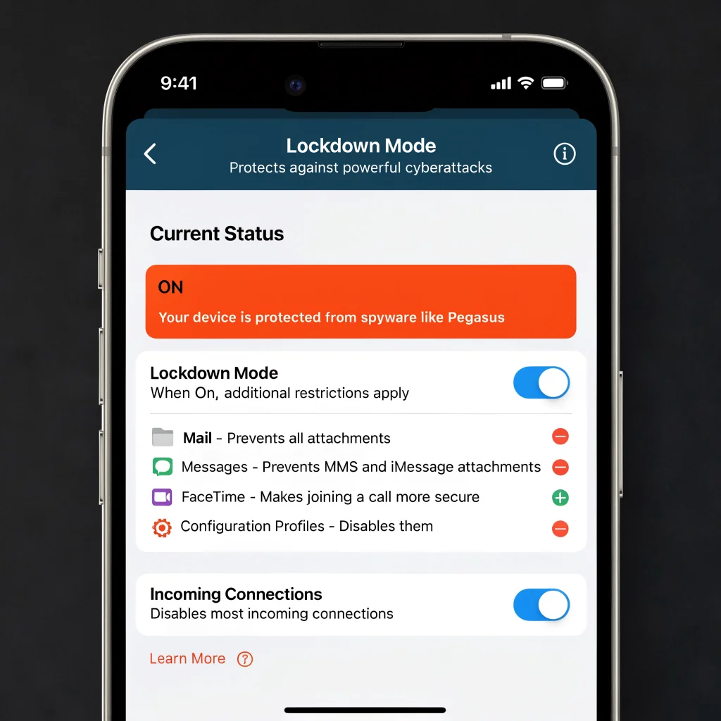 A close-up photo of an iPhone screen displaying the Lockdown Mode security settings in iOS 16, highlighting protection against Pegasus spyware.