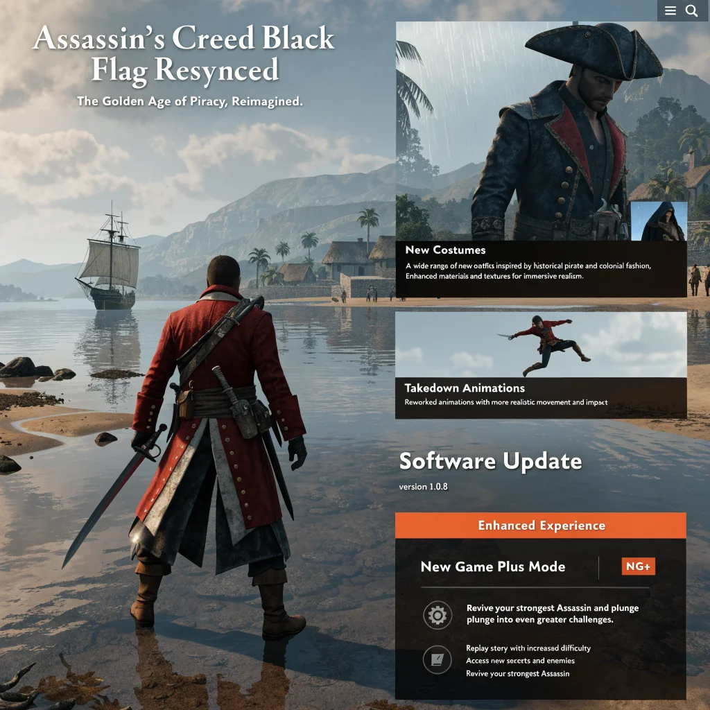 A detailed screenshot of Assassin's Creed Black Flag Resynced showing new costumes, takedown moves, and the New Game Plus mode update interface from version 1.0.8.