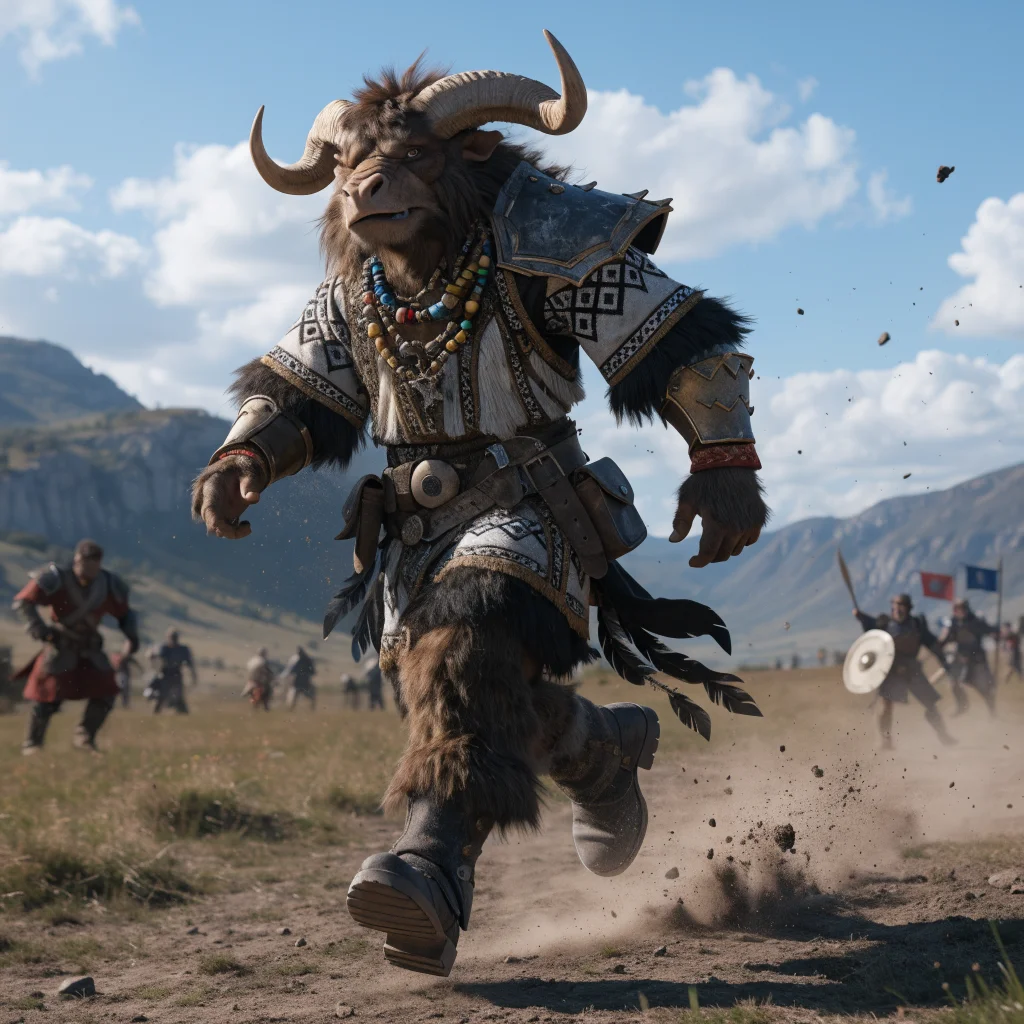 A realistic photo of a Tauren character from World of Warcraft running swiftly across plains during a PvP battle, highlighting racial abilities and movement speed effects.
