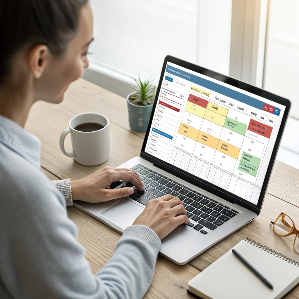 A realistic photo of a person organizing their workday on a laptop using Google Calendar with time-blocking techniques to improve focus and productivity.
