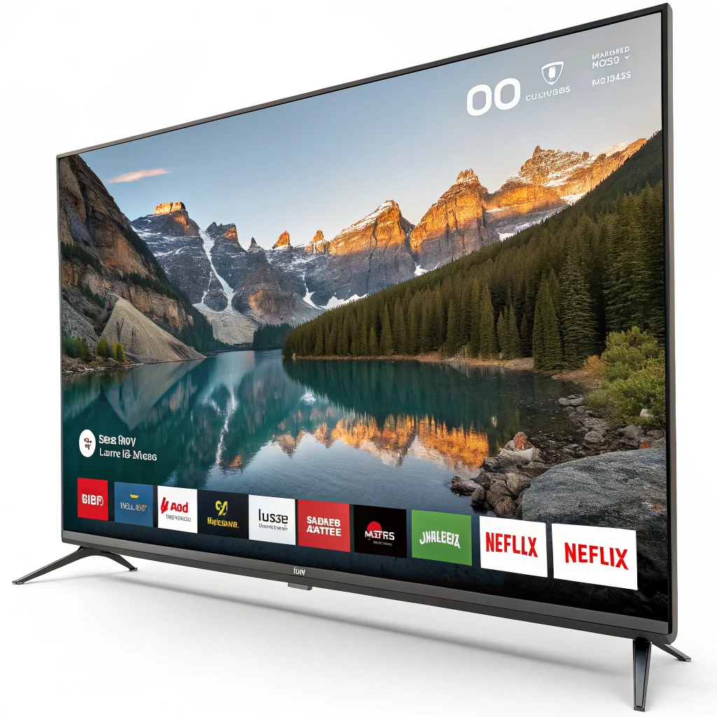 Realistic photo of a TCL 75-inch 4K Google TV displaying HDR10 and Dolby Vision content, with smart home assistant logos and HDMI ports visible.