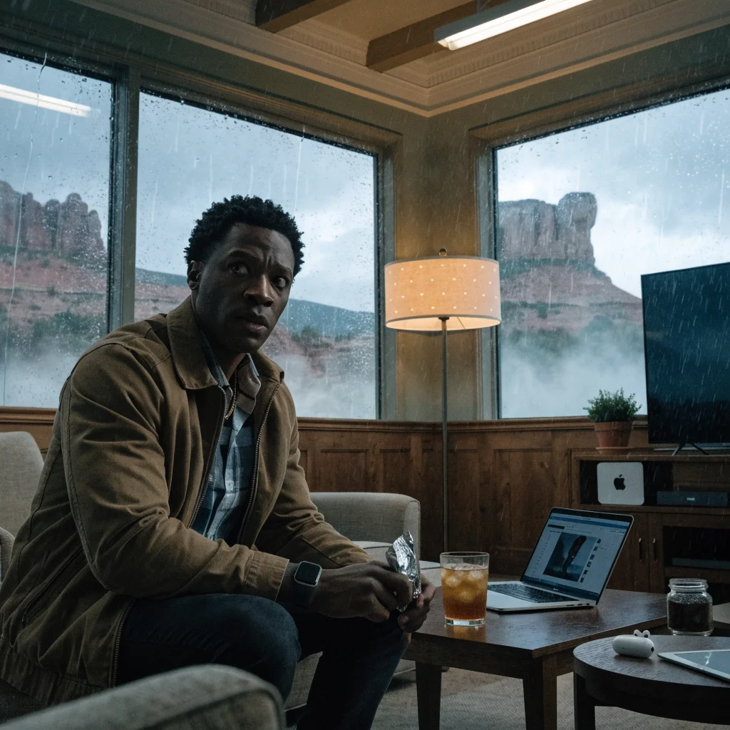Damson Idris starring in a tense Utah thriller Sacrament scene, with Apple Watch Ultra, MacBook Neo, AirPods Pro, Apple TV 4K, and iPad Air visible.