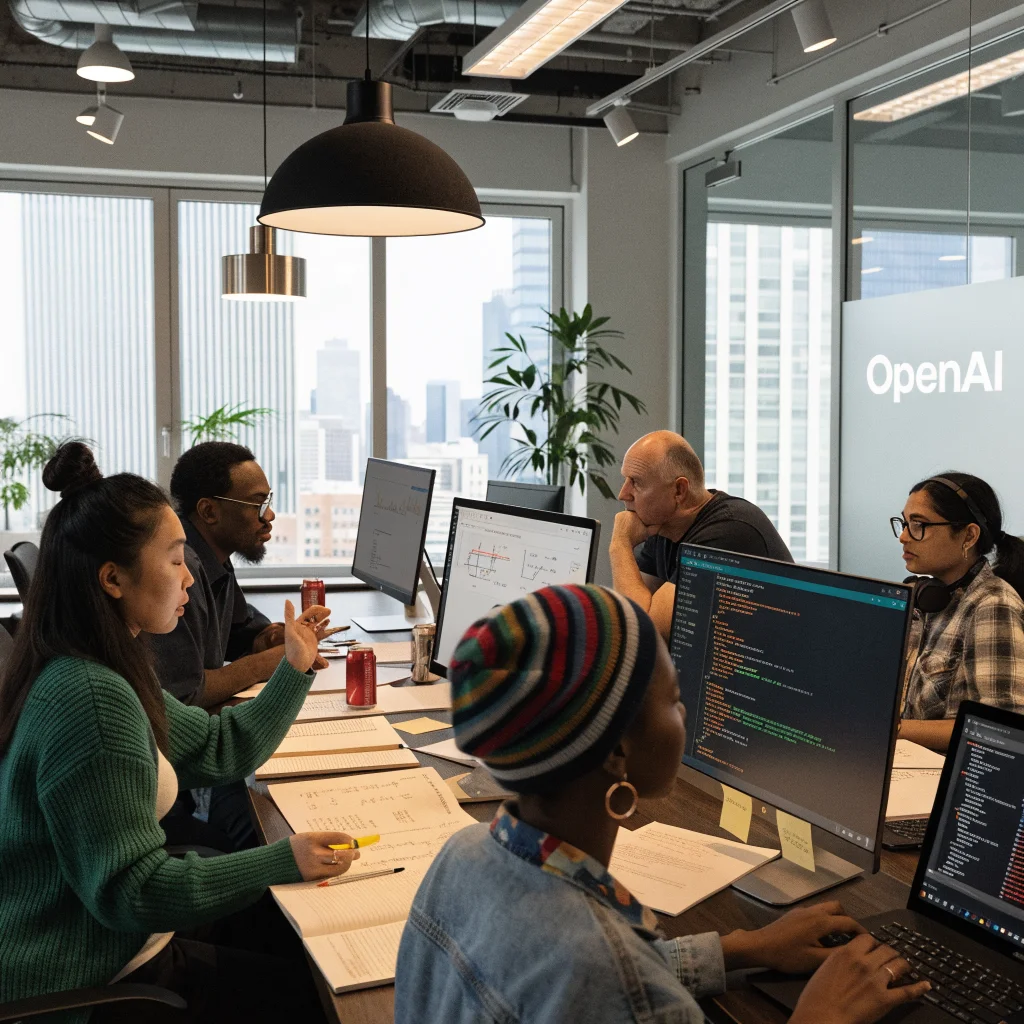 A modern research lab with diverse OpenAI scientists collaborating on advanced mathematics and physics discoveries, displaying scientific papers and GitHub code on computer screens.