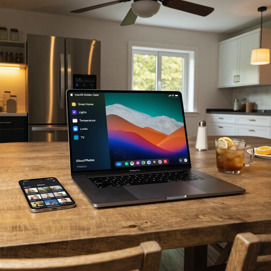 A realistic photo of an iPhone 18 Pro showcasing Apple's new update features alongside a MacBook Pro M5 Max running macOS Golden Gate with smart home controls and shared iCloud+ albums.