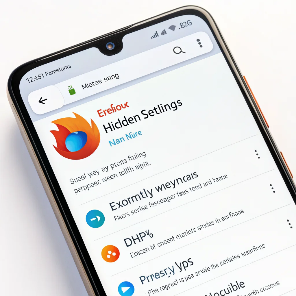 A smartphone screen showing Firefox Android’s hidden settings menu with privacy options, DNS over HTTPS, and extension installation features enabled.
