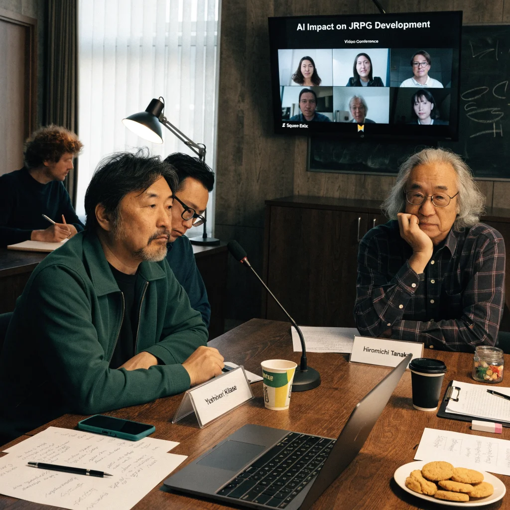 A meeting room with Square Enix developers discussing AI's impact on JRPG game development, featuring Hiromichi Tanaka and Yoshinori Kitase.