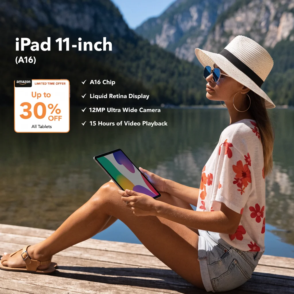 A realistic photo of an Apple iPad 11-inch A16 displayed with an Amazon discount tag highlighting a special price offer.
