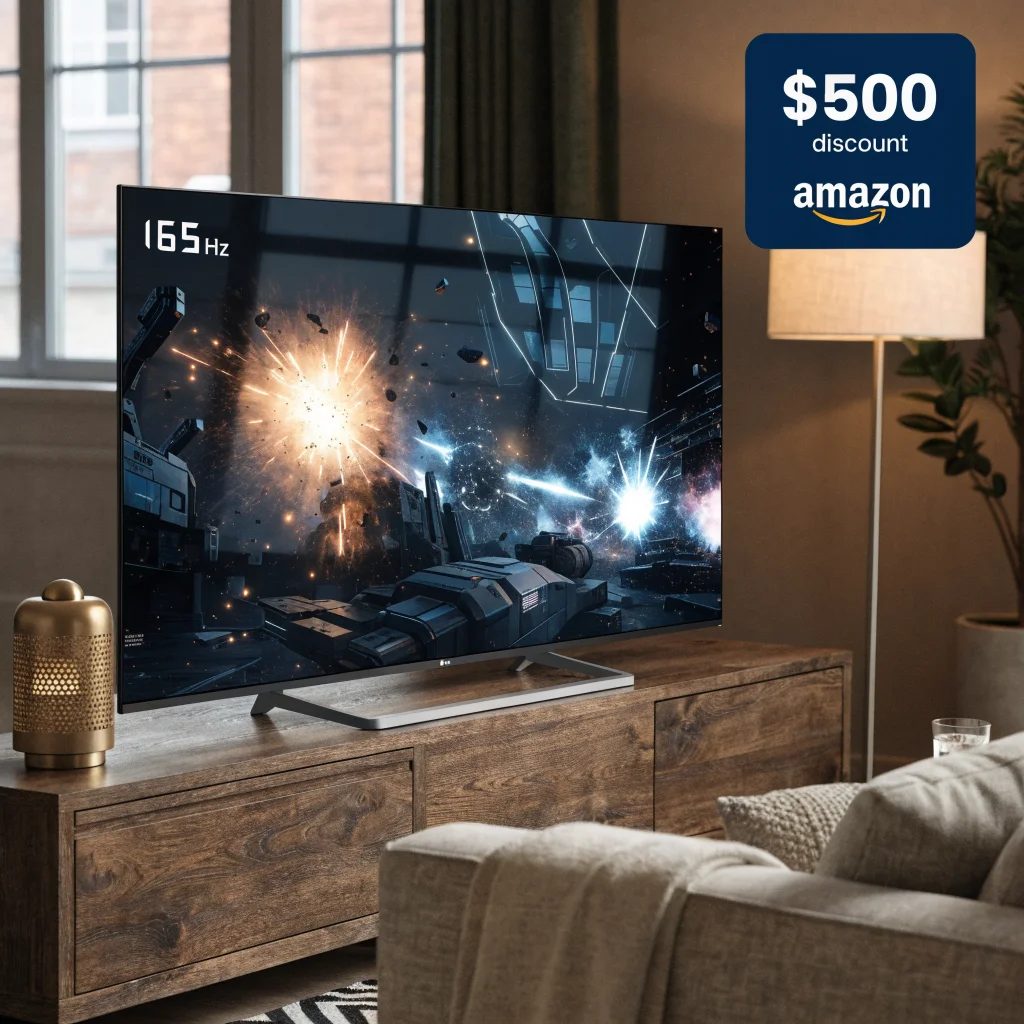 A realistic photo of a 77-inch LG OLED evo C6 4K smart TV displaying a vibrant gaming scene at 165Hz, highlighting an Amazon $500 discount price tag.