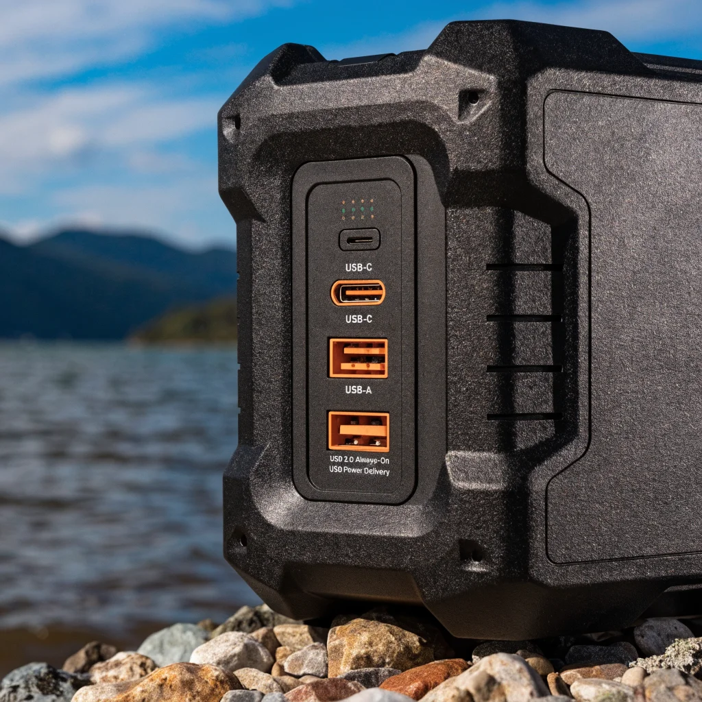 A close-up photo of orange USB ports on a device showcasing USB Power Delivery fast charging features with USB 3.0 and Always-On connectivity.
