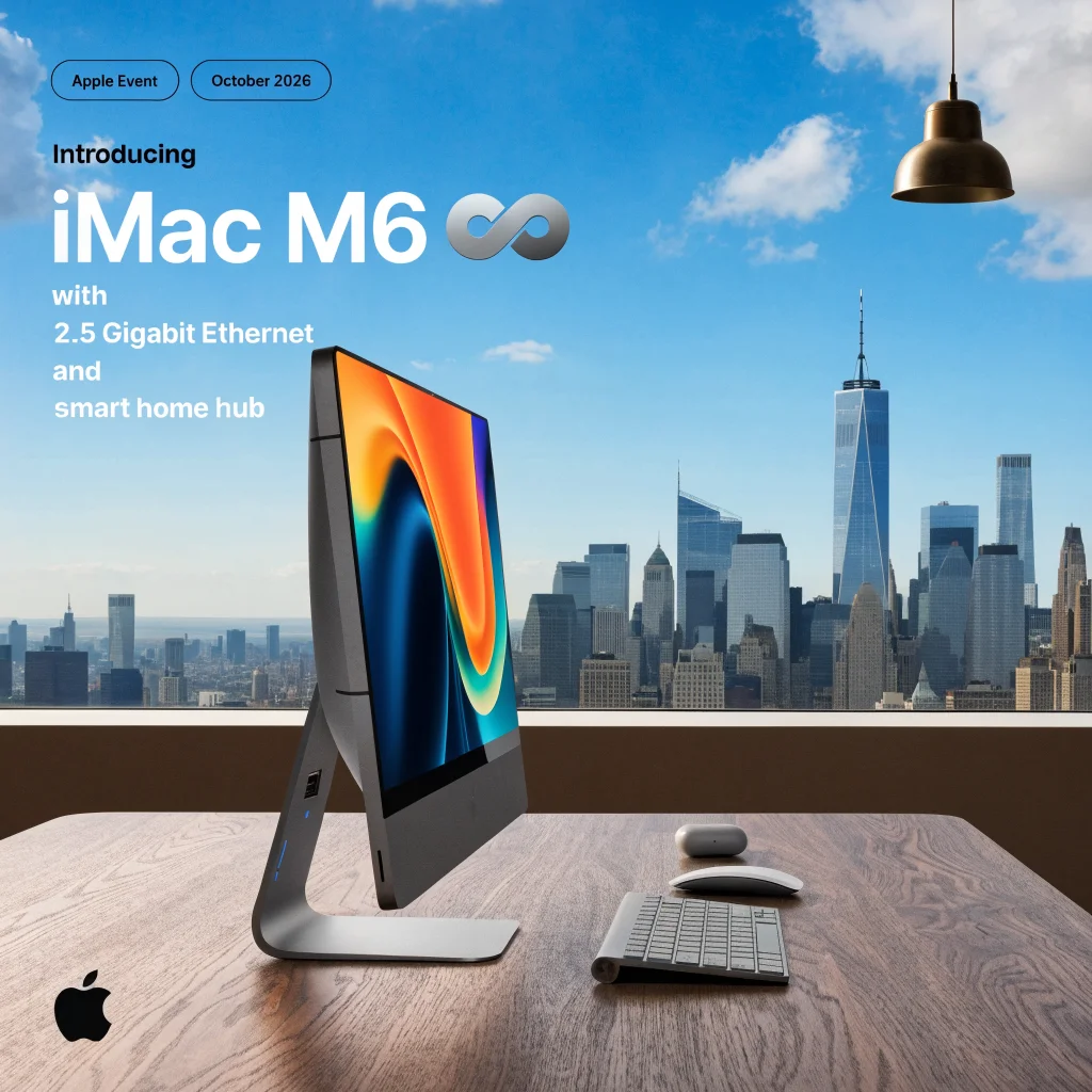 A realistic photo of the new iMac with M6 chip featuring a 2.5 Gigabit Ethernet port and smart home hub connectivity, presented at Apple event October 2026.