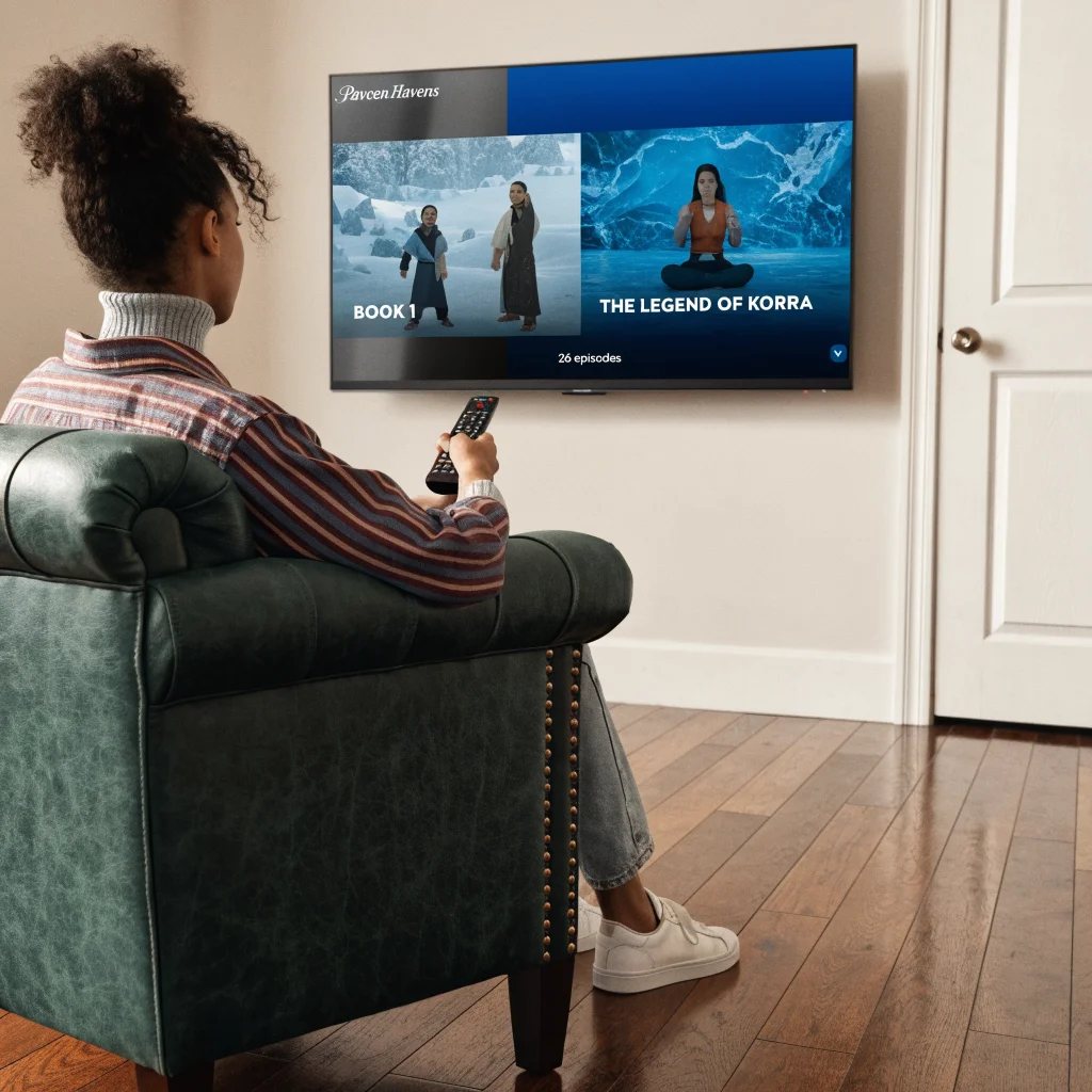 A person watching the Avatar Seven Havens series on Paramount Plus, with visible subtitles showing "26 episodes" and scenes from Book 1 and The Legend of Korra on screen.