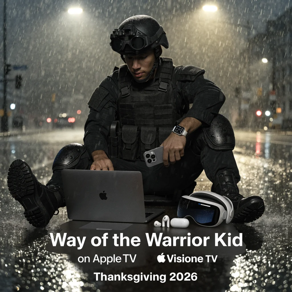 A Navy SEAL wearing an Apple Watch Series 12 uses a MacBook Neo and iPhone 17, surrounded by AirPods Pro and Apple Vision Pro, promoting Way of the Warrior Kid on Apple TV Thanksgiving 2026.