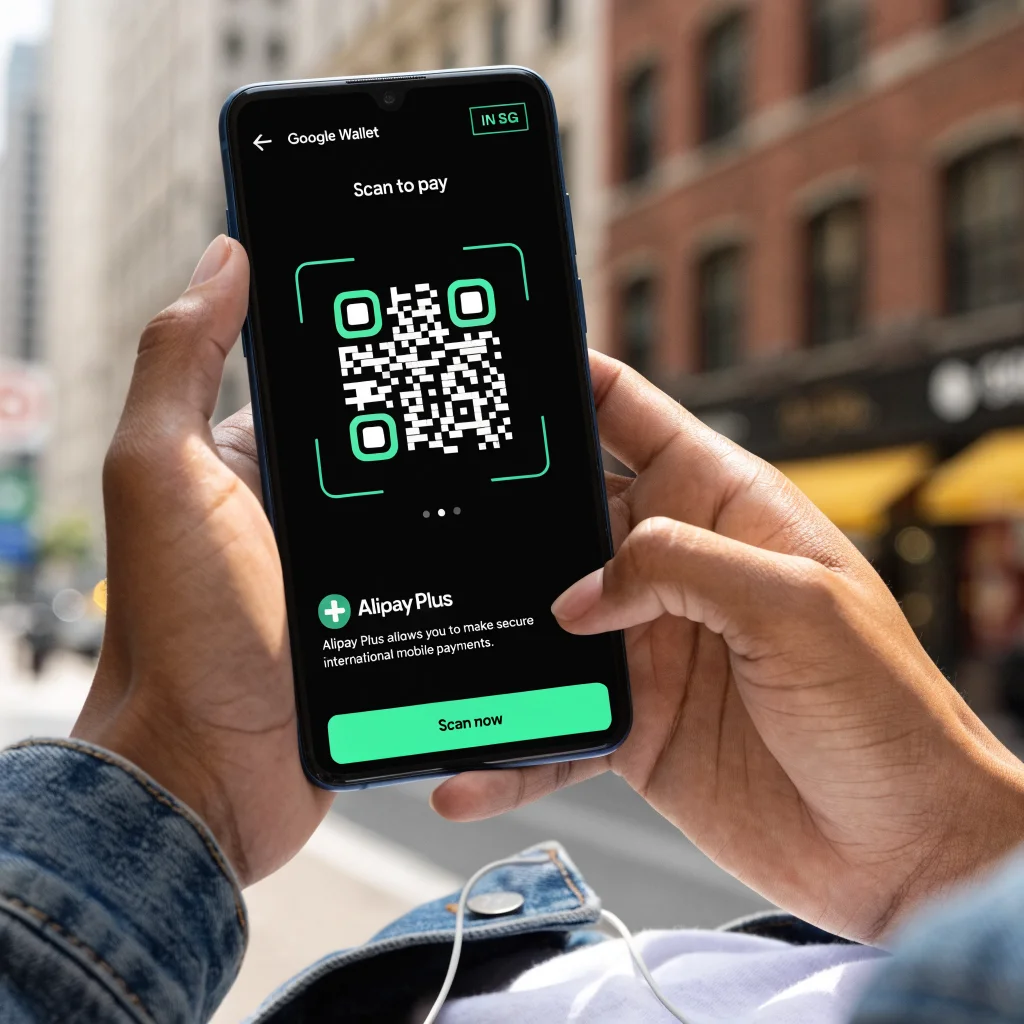 A smartphone screen displaying Google Wallet with Alipay Plus integration, showing a QR code for secure international mobile payments in Singapore.