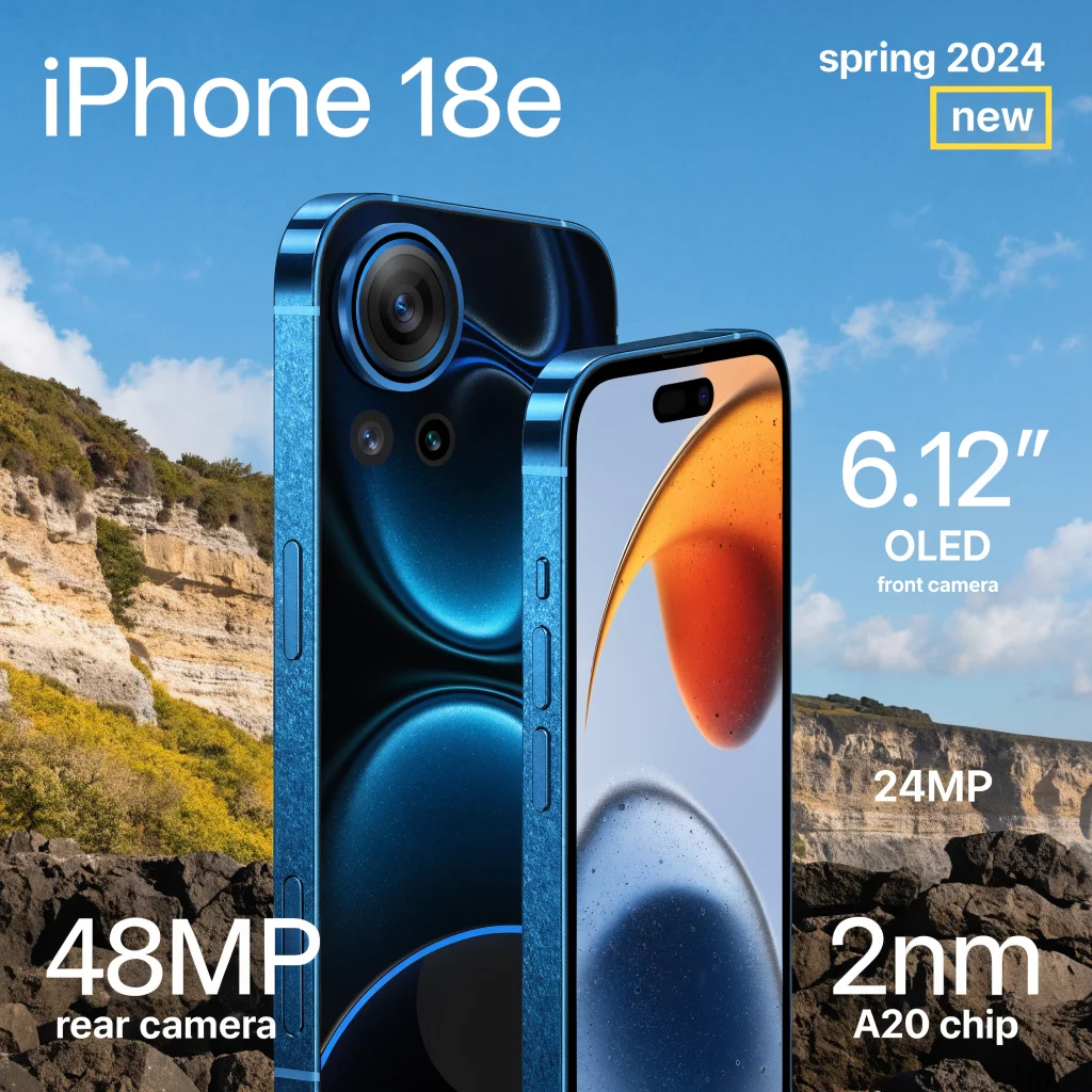 A realistic photo of the new iPhone 18e with a 6.12-inch OLED screen, 48MP rear camera, 24MP front camera, and 2nm A20 chip, showcased in spring 2024.