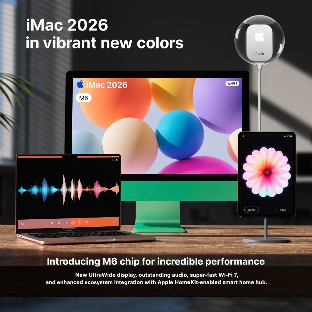 A sleek 2026 iMac with M6 chip in vibrant new colors showcasing Wi-Fi 7 connectivity, next-gen MacBook Pro, iPad mini 8, and Apple smart home hub integration.