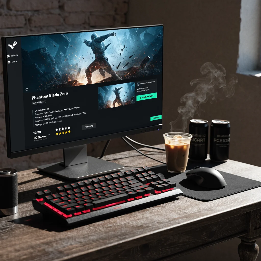 Realistic photo of a PC gaming setup displaying the Steam store page of Phantom Blade Zero with system requirements and preload options visible.