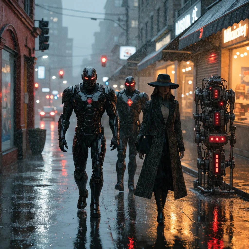 A realistic photo of VisionQuest characters Ultron and Paladin alongside Jocasta and E.D.I.T.H., set in Madripoor, inspired by the MCU and Disney Plus.
