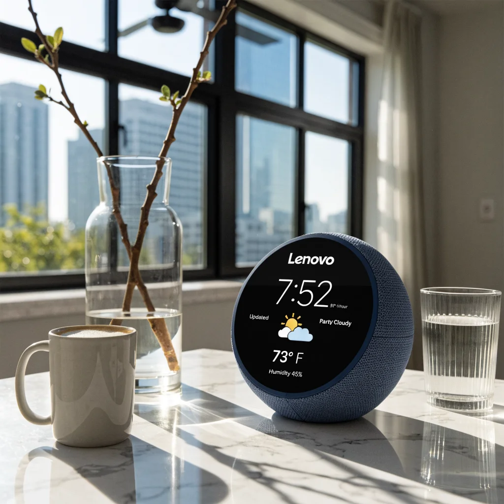 A Lenovo Smart Clock displaying accurate weather information after a software update in a modern smart home setting.