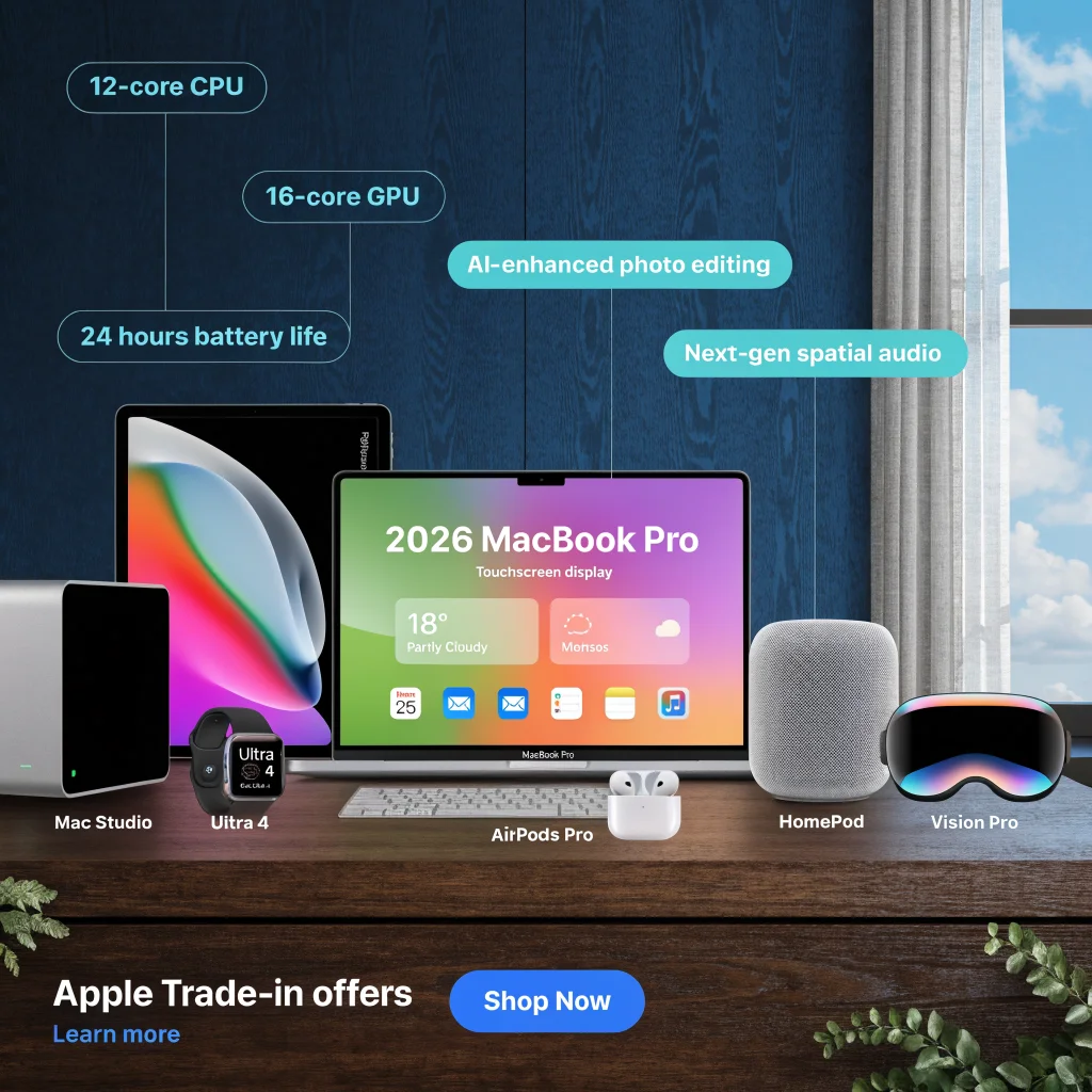 A 2026 MacBook Pro with a touchscreen display showcased next to Apple Watch Ultra 4, iPad Pro, Mac Studio, HomePod, Apple Vision Pro, AirPods Pro, highlighting Apple Trade-in offers.