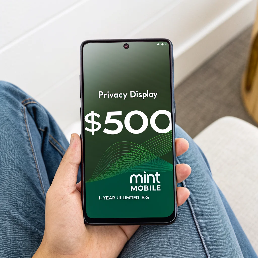 A realistic photo of a Samsung Galaxy S26 Ultra unlocked phone displaying the Privacy Display feature, alongside promotional text about a $500 discount and Mint Mobile's 1-year unlimited 5G service offer.