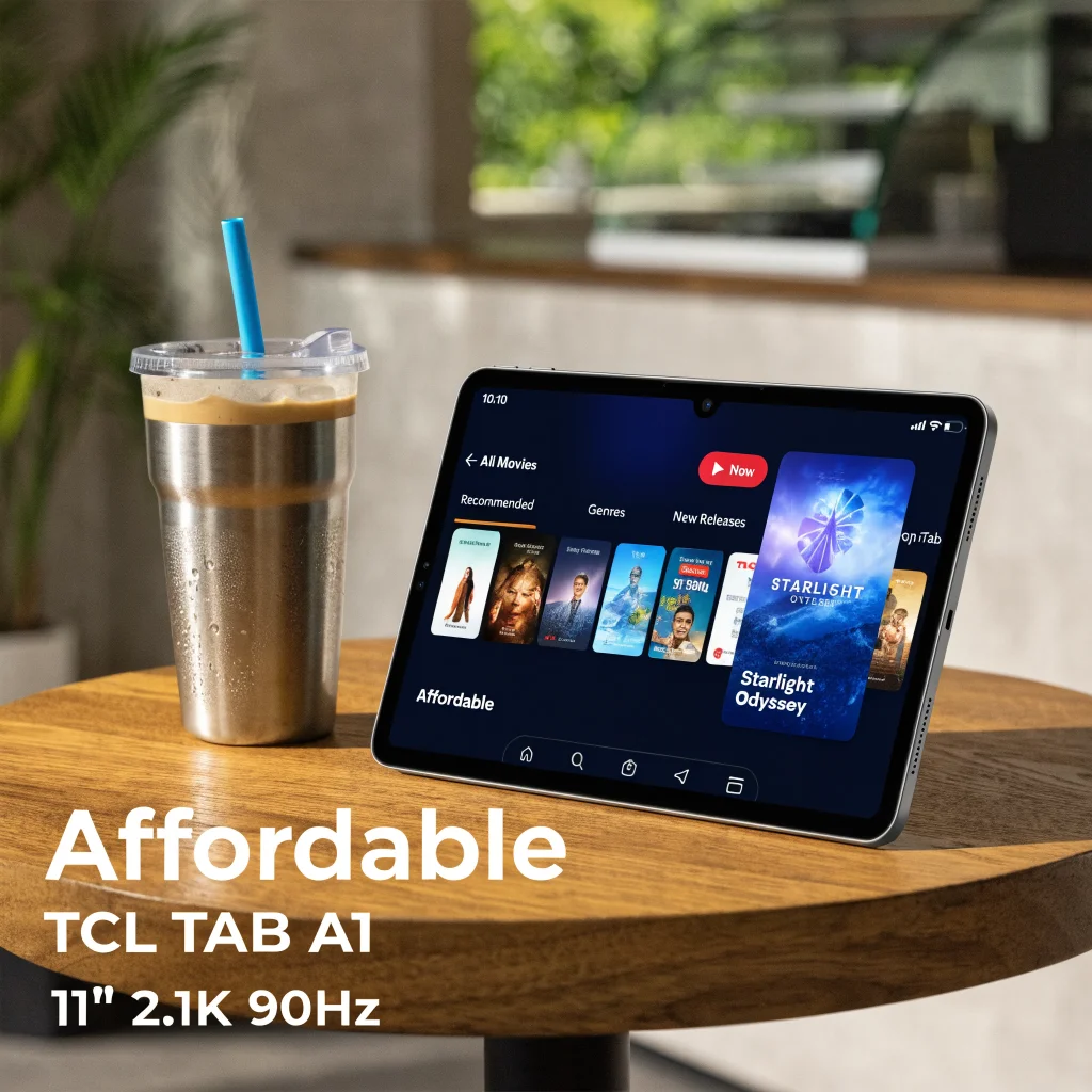 A close-up photo of the TCL TAB A1 Android tablet with an 11-inch 2.1K 90Hz screen displaying streaming content, highlighting its affordable price tag.